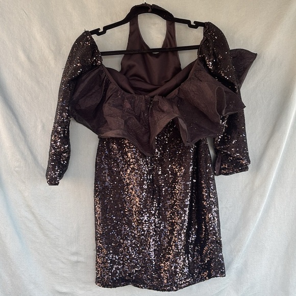 NWOT ASOS LUXE halterneck wire lace shoulder mini dress in black sequin, 4 - Picture 3 of 12